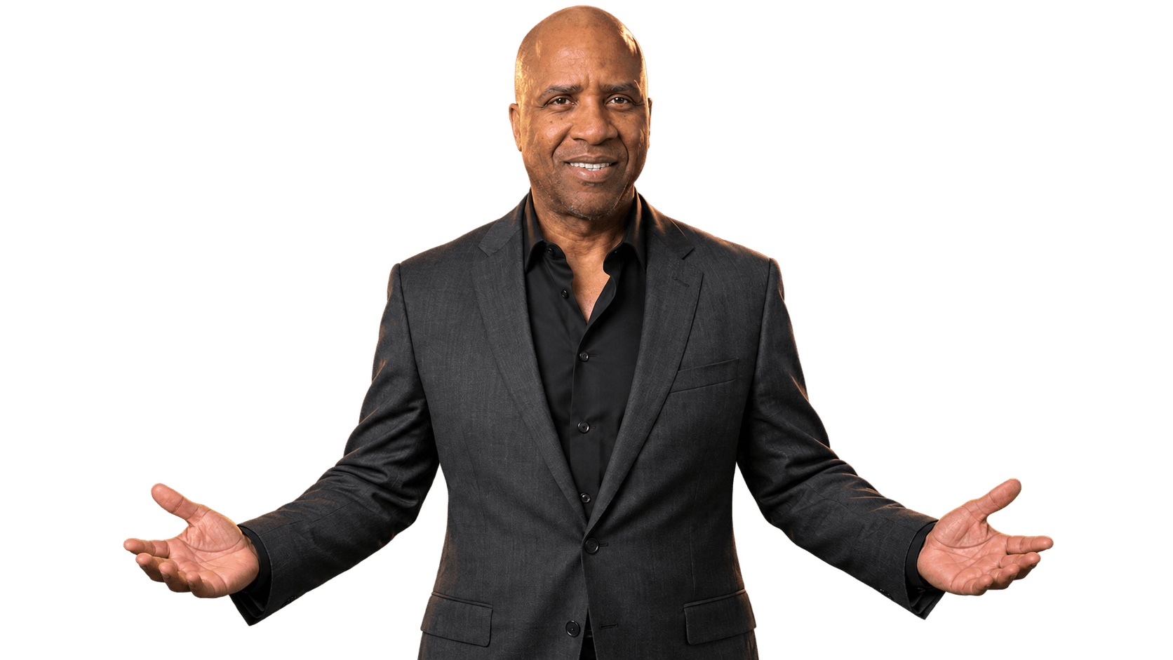 Rutherford Pascal standing with both hands open, offering two ways in